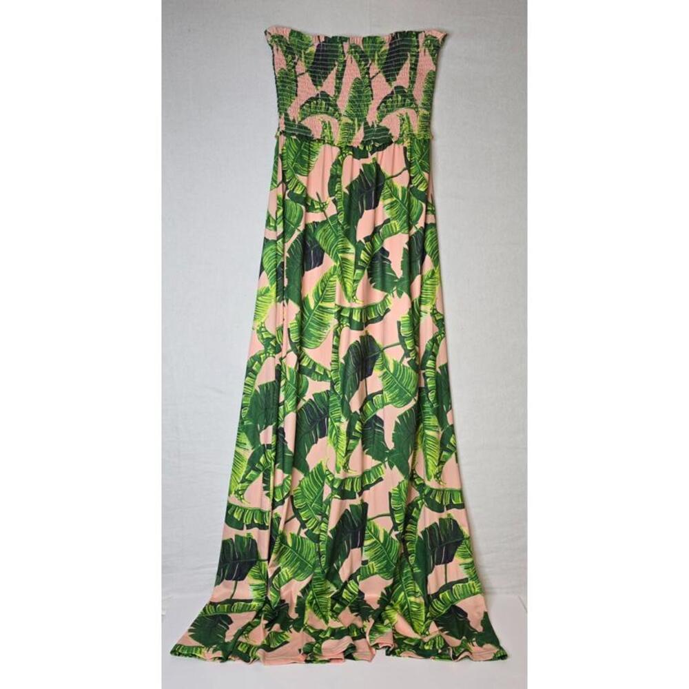 JUDITH MARCH PALM TREES PRINT LONG STRAPLESS DRESS LT PINK/GREEN RARE SZ: LG NWT